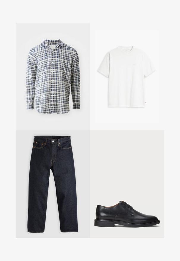 Langärmliges Hemd mit blau-weißem Karomuster aus leichtem Stoff, mit Knopfleiste vorne und klassischem Kragen.; Weißes Baumwoll-T-Shirt mit kurzen Ärmeln, Rundhalsausschnitt und dezentem Levi's-Logo in der Mitte. Weicher Stoff und normale Passform.; Dunkelblaue Jeans aus Denim mit geradem Schnitt, fünf Taschen, kontrastierenden orangen Nähten und einem Knopfverschluss. Keine sichtbaren Muster oder Verzierungen.; Schwarze Lederdressschuhe mit runder Zehenform, Schnürdesign und niedrigem gestapeltem Absatz. Glatte Textur mit minimalen Nähten.