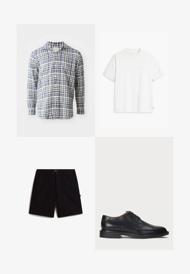 Langärmliges Hemd mit blau-weißem Karomuster aus leichtem Stoff, mit Knopfleiste vorne und klassischem Kragen.; Weißes Baumwoll-T-Shirt mit kurzen Ärmeln, rundem Ausschnitt und einem dezenten "Levi's"-Logo in heller Farbe auf der Vorderseite.; Schwarze Shorts aus Baumwolle mit einem normalen Bund, zwei Fronttaschen und einer bequemen Passform. Einfaches Design ohne sichtbare Muster.; Schwarze Lederdressschuhe mit runder Zehenform, Schnürdesign und niedrigem gestapeltem Absatz. Glatte Textur mit minimalen Nähten.