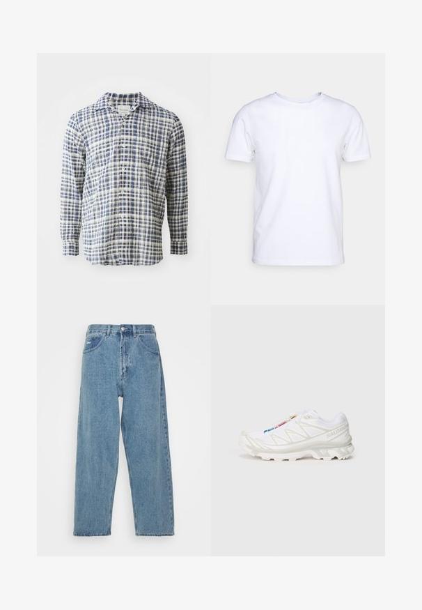 Blå og hvid ternet langærmet skjorte lavet af let materiale, med knaplukning foran og klassisk krave.; Hvid kortærmet t-shirt i bomuldsstof med rund halsudskæring. Enkel design uden mønstre eller detaljer. Glat tekstur.; Lyseblå denim jeans med høj talje og afslappet pasform, der har to forlommer, en baglomme og knaplukning.; Hvid sportssko med tekstureret mesh-overdel, reflekterende detaljer og en polstret sål. Bemærkelsesværdigt mærke-logo på siden.