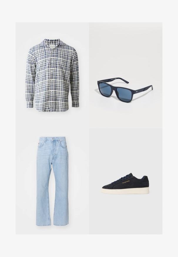 Camicia a maniche lunghe a quadri blu e bianchi realizzata in tessuto leggero, con chiusura a bottoni e un colletto classico.; Jeans in denim azzurro chiaro con una vestibilità rilassata, design a gamba dritta, stile tradizionale a cinque tasche e chiusura con bottone metallico.; Sneaker bassa in suede blu navy con suola bianca, lacci blu navy e logo "Filling Pieces" in oro sul lato.; Occhiali da sole rettangolari blu con lenti scure, montatura opaca blu navy, dettaglio del logo sulla tempia, aste dritte e una texture solida e liscia.