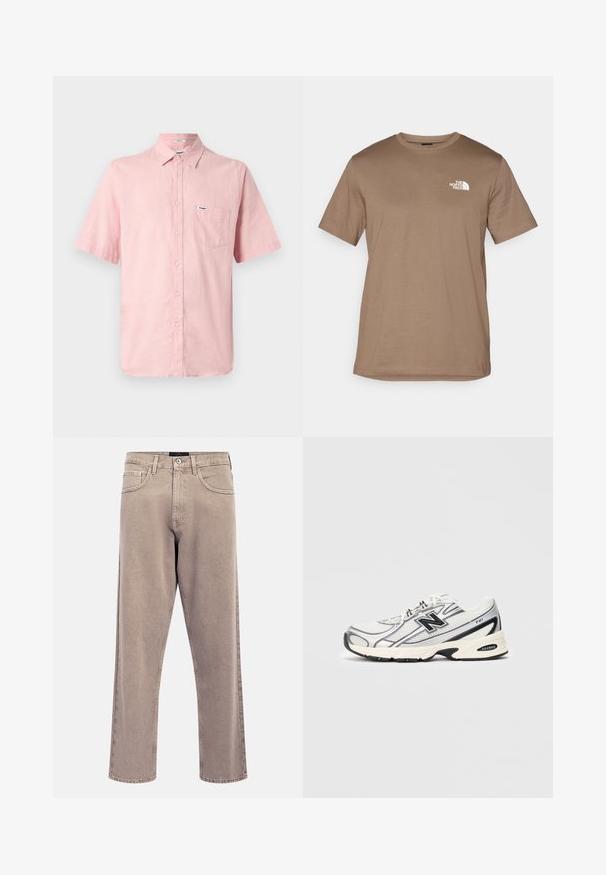 Kortermet, knappet skjorte i lys rosa lin med en frontlomme og et lite merke på brystet. Krage-design.; Brun kortermet T-skjorte laget av bomull med ribbet rund hals. Har en liten hvit logo på venstre brystområde.; Lyse beige jeans med rette ben, lett falmet tekstur, fem-lommers design og metallknapp lukking. Fremtredende sømdetaljer.; Hvit og grå idrettssko med svart "N"-logo, mesh-overdel, polstret såle og snøredesign, vist på ensfarget lys grå bakgrunn.