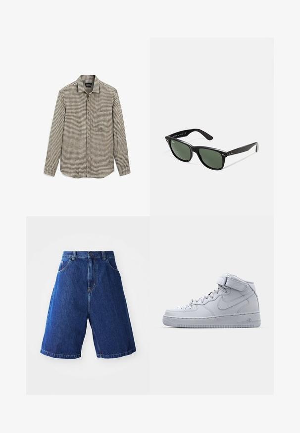 Langærmet, ternet skjorte i brun og beige med subtile blå accenter. Har en knaplukning foran og en enkelt brystlomme.; Denimshorts med en blå vask, med en høj talje, to forlommer og gul syning langs sømmene.; Højtop grå Nike Air Force 1 sneakers med læderoverdel, polstret krave og en velcro-rem. Ikonisk design med perforeret tåboks.; Sorte plastiksolkaber med grønne linser, firkantede stel, sølvaccent på brynene og teksturerede templede arme. Angivet mærke på den indre arm.