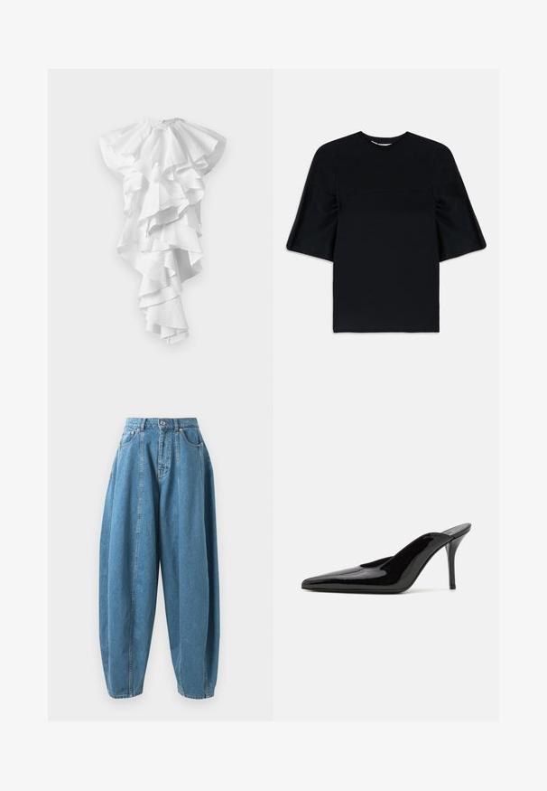 Weißes asymmetrisches Kleid mit mehreren geschichteten Volants, die vorne hinunterfallen und auf einer Seite länger sind, ohne sichtbare Muster.; Schwarzes Kurzarmoberteil mit weiten, ausgestellten Ärmeln und rundem Halsausschnitt, vor einem weißen Hintergrund präsentiert.; Hoch taillierte, locker sitzende blaue Jeans aus Denim mit Falten, Fronttaschen, Gürtelschlaufen und einem Knopf- und Reißverschluss.; Schwarze Lackleder-Pumps mit hohen Absätzen, spitzer Zehenform und schlanker Silhouette, mit offenem Rücken und schlankem Stiletto-Absatz.