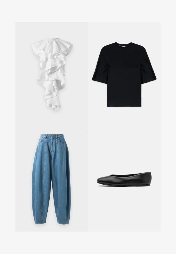 Vestito bianco asimmetrico con molteplici ruffles stratificati che scendono sul davanti e si allungano di più su un lato, senza motivi visibili.; Top nero a maniche corte con maniche ampie e svasate e scollatura rotonda, esposto su uno sfondo bianco.; Jeans in denim blu a vita alta, dalla vestibilità ampia, con pences, tasche frontali, passanti per cintura e chiusura con bottone e zip.; Paul Smith TOPANGA - Ballerine - black