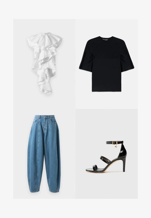 White asymmetrical dress with multiple layered ruffles cascading down the front and extending longer on one side, no visible patterns.; Black short-sleeve top with wide, flared sleeves and a round neckline, displayed on a white background.; High-waisted, loose-fit blue denim jeans with pleats, front pockets, belt loops, and a button-and-zipper closure.; Black patent leather sandal with three straps, ankle buckle, and 4-inch stiletto heel. Features gold hardware detail and logo charm.