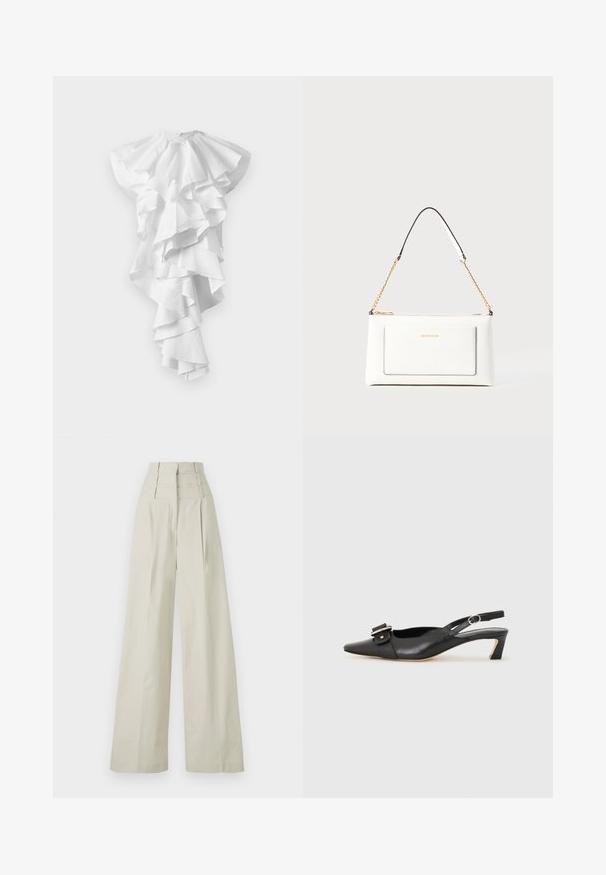 White asymmetrical dress with multiple layered ruffles cascading down the front and extending longer on one side, no visible patterns.; Beige wide-leg trousers made of smooth fabric, featuring a high waist with three horizontal bands, and front pleats.; Black leather slingback shoe with pointed toe, small heel, and decorative buckle detail on the upper. Smooth texture, minimalistic design.; White leather handbag with a textured finish, featuring a gold chain strap and black accents. Includes a front pocket and zipper closure.