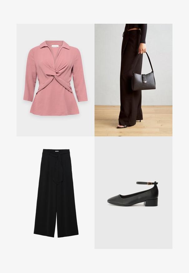 Ružová blúzka s golierom, skrúteným predným detailom a trojštvrťovými rukávmi. Vyrobená z textúrovanej, ľahkej látky.; Čierne široké nohavice s textúrovanou tkaninou, elastickým pásom a odnímateľným viazaním na páse pre nastaviteľné priliehanie.; Čierne kožené lodičky s špicatou špičkou a nízkym blokovým podpätkom. Obsahuje remienok okolo členka so zlatým prackou. Hladký povrch.; Čierna kabelka so štruktúrovaným tvarom, hladkou textúrou a kovovou sponou. V kombinácii so širokými čiernymi nohavicami a sandálmi s otvorenou špičkou na drevenej podlahe.
