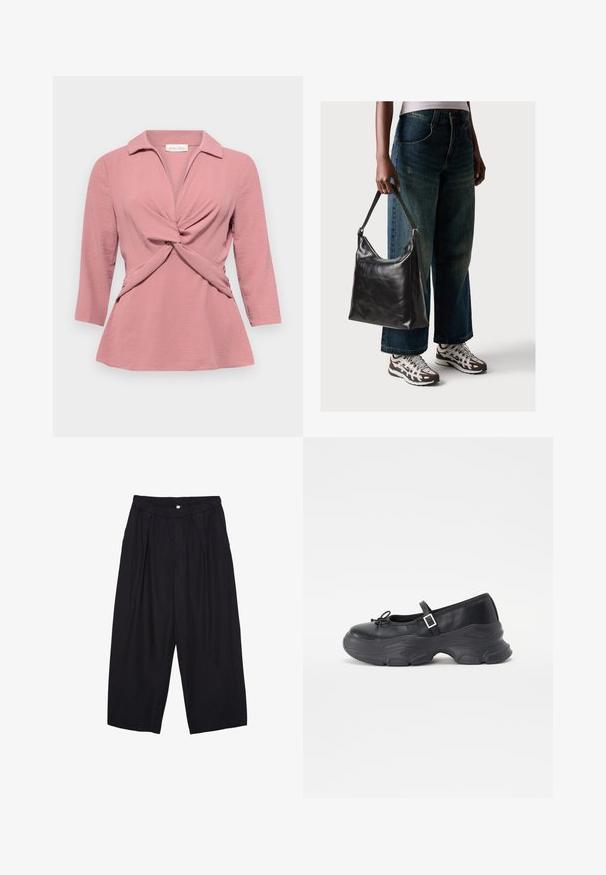 Roze blouse met een kraag, gedraaide voorkant en driekwartmouwen. Gemaakt van een gestructureerde, lichte stof.; Zwarte polyester culottes met een elastische tailleband, twee voorkreukels en een losse pasvorm. Geen zichtbare patronen of hardware-details.; Zwarte leren Mary Jane-schoen met een ronde neus, strikdetails en een verstelbare enkelband. Beschikt over een chunky rubberen zool met gebogen accenten.; Zwarte leren schoudertas met een gladde textuur en een verstelbare strap, gecombineerd met vervaagde wijde jeans en sportieve sneakers.