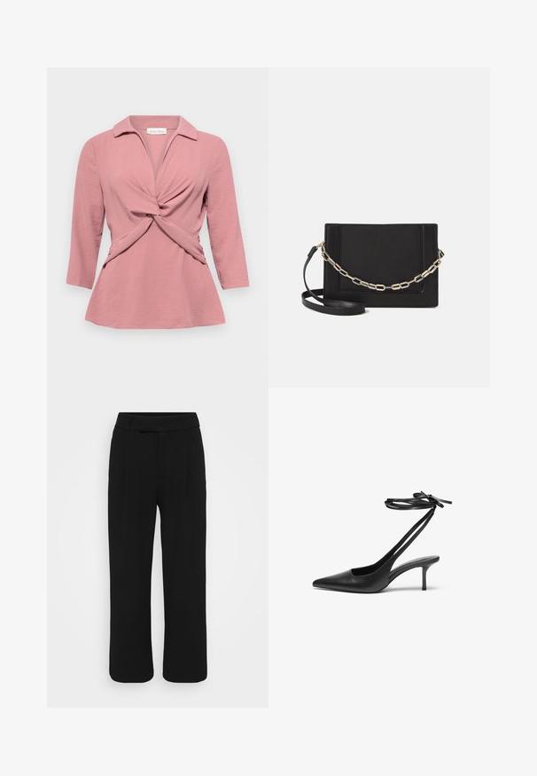 Blusa rosa con un cuello de solapa, detalle retorcido en la parte frontal y mangas de tres cuartos. Está hecha de una tela texturizada y ligera.; Pantalones de pierna ancha negros, confeccionados en una tela suave, con un frente plano, presillas para cinturón y sin bolsillos visibles. Diseño limpio y ajustado.; Zapato de charol negro con tacón de aguja y punta afilada, con la parte trasera abierta y correas en los tobillos atadas en forma de lazo. Tacón delgado de 3 pulgadas. Textura suave, diseño minimalista.; Bolso cruzado de piel negra con textura suave, forma rectangular y un detalle de cadena metálica en el frente. Incluye una correa ajustable.