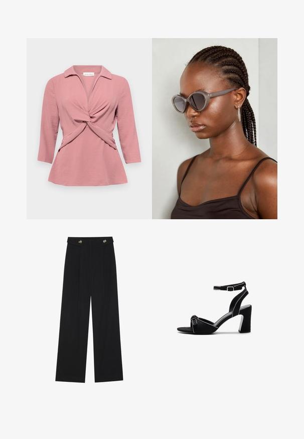 Rosa blus med krage, tvistad frontdetalj och trekvartsärmar. Tillverkad av ett texturerat, lättviktigt tyg.; Svarta vida byxor med hög midja, knäppdetaljer i midjan och framfickor.; Svarta mocka klacksandaler med bred blockklack, justerbart ankarsnöre, öppen tå-design och kontrasterande sömnadsdetaljer.; Grå överdimensionerade solglasögon med rundad form och mörka linser. Slank plastbåge med en slät yta. Modellen har flätat hår.