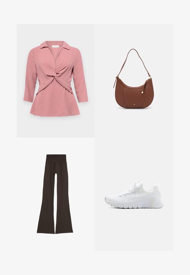 Blouse rose avec un col, détail de devant torsadé et manches trois-quarts. Fabriquée dans un tissu léger et texturé.; Jambières évasées marron foncé avec une large ceinture côtelée. Fabriquées en matériau doux et extensible, elles présentent un design sans coutures et sans matériel visible.; Baskets de sport blanches avec une tige texturée, fermeture à lacets plats et semelle en caoutchouc proéminente avec des rainures verticales. Présente un logo sur le côté.; Sac à épaule en faux cuir brun, de forme arrondie, avec des coutures minimales et un accent en matériel doré. Il possède une fermeture zippée sur le dessus et une sangle réglable.