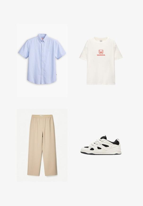 Jasnoniebieska, krótko rękawowa koszula z guzikiem, wykonana z bawełny. Posiada wygięty kołnierzyk, zapięcie na guziki z przodu oraz małe logo na piersi.; Biała bawełniana koszulka z krótkim rękawem. Posiada czerwone logo "HONDA" nad prostokątnym emblematem na środku. Prosty, klasyczny design.; Beżowe spodnie szerokie z elastycznym paskiem, wykonane z miękkiego materiału, o gładkiej fakturze i minimalnych detalach szwów.; Białe i czarne buty sportowe z teksturowaną podeszwą, z wyciętymi wzorami po bokach oraz sznurowadłami, a także wyściełanym tyłem dla wsparcia.
