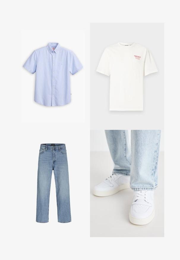 Chemise en coton à manches courtes de couleur bleu clair, avec un col pointu, une patte de boutonnage à l'avant et un petit logo sur la poitrine.; T-shirt en coton blanc à col rond et manches courtes, avec un texte rouge sur le côté gauche de la poitrine indiquant "NORTH POLE CO. SANTA'S GROTTO."; Jean en denim bleu clair avec une coupe droite, taille haute, design classique à cinq poches et coutures contrastées.; Baskets basses en cuir blanc avec un bout perforé, des lacets plats et un design minimaliste. Associées à un jean en denim bleu clair.