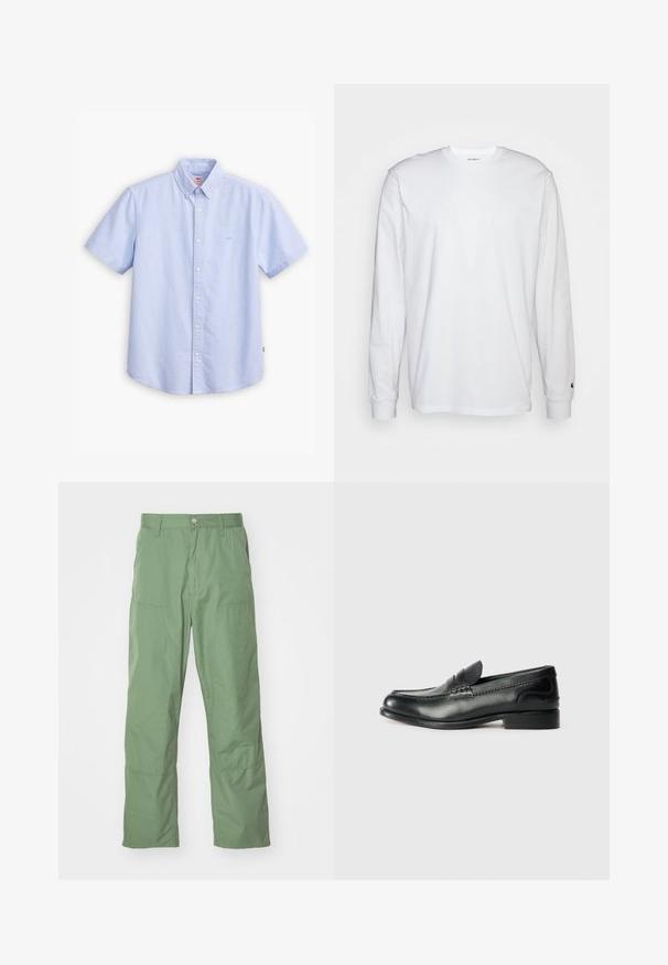 Svetlomodrá košeľa s krátkymi rukávmi a gombíkmi vyrobená z bavlny. Má špicatý golier, predný gombíkový pás a malé logo na hrudi.; Biela dlhá bavlnená tričko s dlhým rukávom. Dizajn s okrúhlym výstrihom a rebrovanými manžetami, malá nášivka na ľavom rukáve. Hladká textura.; Svetlozelené nohavice vo voľnom strihu s hladkým povrchom, so bočnými vreckami a viditeľnými stehmi. Plnej dĺžky s rovný strihom nohavíc.; Čierne kožené loafers s hladkým povrchom, prešívaním cez vampus a mierne vyvýšeným podpätkom.