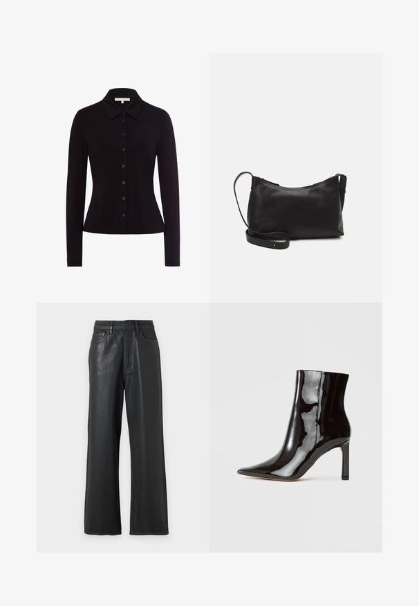 Černá dlouhá rukávová košile s límečkem, s knoflíkovým zapínáním vpředu a přiléhavým střihem, vyrobená z hladkého materiálu.; Černé kalhoty širokého střihu vyrobené z lesklého materiálu. Mají zapínání na knoflík, poutka na opasek a přední kapsy se hladkým povrchem.; Černá laková kotníková bota s špičatou špičkou a elegantním silhouette. Má jehlový podpatek a hladký povrch.; Černá kožená taška přes rameno s hladkým povrchem, zakřiveným tvarem, nastavitelným popruhem a zipovým uzávěrem. Minimalistický design bez zdobení.