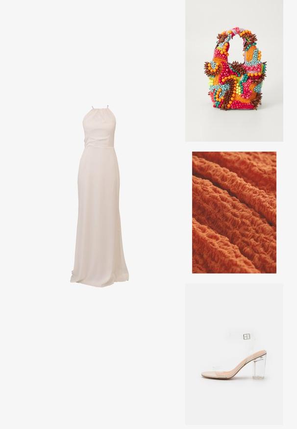 Textuurstof in feloranje, met een golvende, ribbelpatroon en een zachte, pluizige uitstraling. Ideaal voor bekleding of kleding.; Lange halterjurk van zachte, crèmekleurige stof. Gladde textuur, aansluitend lijfje en vloeiende rok met een lichte sleep. Minimalistisch ontwerp.; Transparante sandaal met een heldere hak en een blokhak. Bevat een lichtbeige voetbed en een veilige enkelgesp. Modern, strak ontwerp.; Beaded handtas met levendige kleuren: roze, oranje, blauw en bruin. Getextureerd oppervlak met ronde kralen en organische vormen, stevige handvatten.