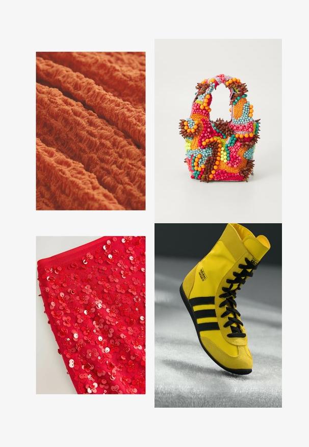 Tissu texturé en orange vibrant, avec un motif ondulé et côtelé, offrant une apparence douce et moelleuse. Idéal pour le rembourrage ou les vêtements.; Tissu rouge recouvert de sequins rouges brillants en forme de fleurs, avec des tailles et des textures variables, créant une apparence superposée et texturée.; Baskets montantes en matériau synthétique jaune, dotées de lacets noirs, de trois rayures noires et d'un logo sur le côté. Semelle en caoutchouc texturé.; Sac à main en perles aux couleurs vives : rose, orange, bleu et marron. Surface texturée avec des perles circulaires et des formes organiques, poignées robustes.