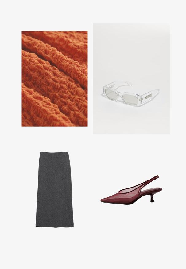Tessuto testurizzato di un arancione vivace, con un motivo ondulato e rigato, dall'aspetto morbido e peloso. Ideale per tappezzeria o abbigliamento.; Gonna maxi in lana grigia con taglio dritto e vita elastica, caratterizzata da una texture morbida e da una finitura liscia. Nessun motivo o accentuazione visibili.; Pumps slingback bordeaux con punta affusolata e upper in rete. Presentano un tacco sottile e un design con ritagli, che conferisce un'elegante silhouette.; Occhiali da sole trasparenti in plastica con lenti grigie, forma rettangolare, logo "Versace" in rilievo sulle astine, che mostrano un design moderno.