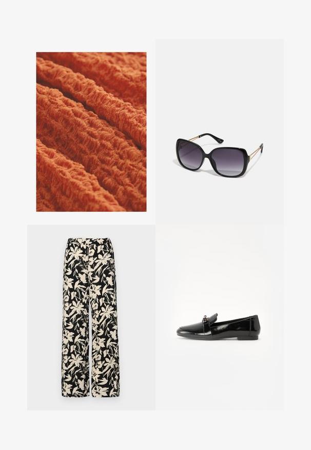 Vibranti oranžinės spalvos tekstūruota medžiaga su banguota, gurgždančia struktūra, turinti švelnų ir purų išvaizdą. Puikiai tinka apmušalams arba aprangai.; Juodos plačios kojos kelnės su grietinėlės spalvos gėlių raštu. Pagamintos iš lengvos medžiagos, pasižyminčios lygiapass viršutine tekstūra ir aukštu liemeniu.; Juodas patentuotas odinis loaferis su plokščiu padu, apvaliu pirštu ir dekoratyvine juostele su auksine akcentu. Lygus, blizgantis paviršius.; Juodos didelės saulės akinių su pereinamais objektyvais, storomis rėmeliais ir auksinės spalvos grandinėmis ant šventyklų.
