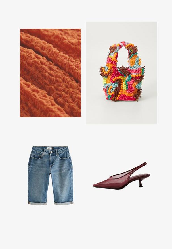 Tessuto testurizzato di un arancione vivace, con un motivo ondulato e rigato, dall'aspetto morbido e peloso. Ideale per tappezzeria o abbigliamento.; Pantaloni corti in denim blu fino al ginocchio con orlo risvoltato, cinque tasche e chiusura con bottone in metallo. Il tessuto ha un aspetto leggermente sbiadito.; Pumps slingback bordeaux con punta affusolata e upper in rete. Presentano un tacco sottile e un design con ritagli, che conferisce un'elegante silhouette.; Borsa a perline con colori vivaci: rosa, arancione, blu e marrone. Superficie testurizzata con perline circolari e forme organiche, manici robusti.