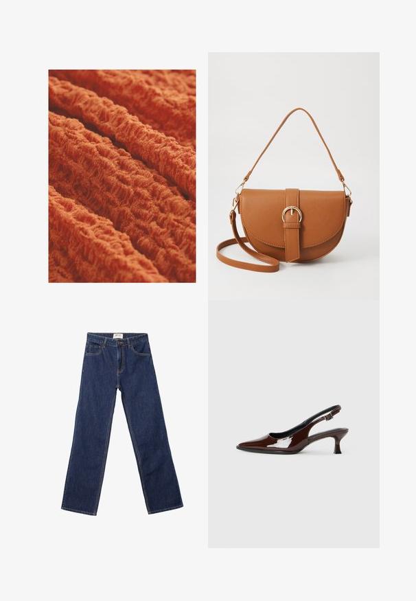 Textúrovaná látka v žiarivej oranžovej farbe, so zvlneným, ryhovaným vzorom, má jemný a plyšový vzhľad. Ideálna na čalúnenie alebo oblečenie.; Tmavomodré džínsy so strihaným strihom, prednými vreckami, pútkami na opasok a zapínaním na gombík.; Hnedá lakovaná slingback obuv s špicatou špičkou a mierne vysokým opätkom. Obsahuje pracku pre bezpečné upevnenie. Hladká textúra.; Hnedá kožená kabelka cez telo s zakriveným tvarom, zlatými kovovými doplnkami a akcentom s prackou. Obsahuje odnímateľný ramenný popruh.