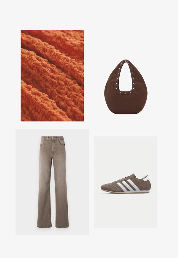 Tekstura tkanine u živopisnoj narančastoj boji, koja sadrži valoviti, rebrasti uzorak i ima mekan i plišan izgled. Idealna za tapaciranje ili odjeću.; Smeđe traperice visokog struka ravnog kroja s prednjim gumbom, petljama za pojas i klasičnim dizajnom od pet džepova na bijeloj pozadini.; Smeđi zamakani sportski tenisice s bijelim prugama, okrugli vrh, vezanje, i potplat od gumene smole. Teksture gornjeg dijela s detaljima šivanja.; Smeđi torba za nošenje s zakrivljenim oblikom, koja ima veliki izrezani ručak ukrašen srebrnim zakovicama duž ruba. Izrađena je od mekanog materijala.