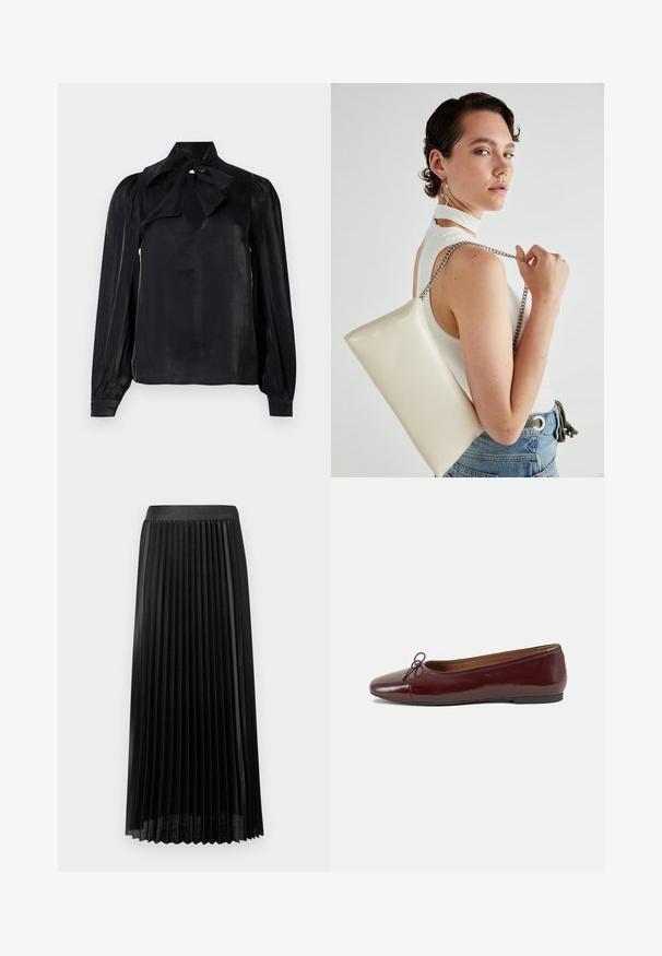Černá blůza s kravatovým límcem a dlouhými rukávy. Vyrobena z hladkého materiálu s mírným leskem. Má výstřih ve tvaru klíčové dírky a manžetové rukávy.; Skládaná černá sukně s hladkým pasem, vyrobená z lehkého materiálu. Obsahuje ostré vertikální sklady a design o délce do poloviny lýtek.; Burgundské lakové baleríny s kulatou špičkou, malou mašlí vpředu a nízkou černou gumovou podrážkou. Hladký povrch.; Bílá obdélníková psaníčko vyrobené z lesklého materiálu, se stříbrným řetízkovým popruhem. Modelka pózuje a předvádí tašku na jednobarevném pozadí.