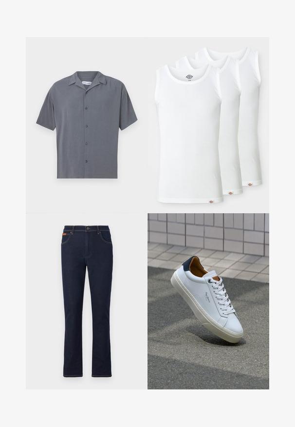 Īsām piedurknēm, pogājama krekls tumši pelēkā krāsā, izgatavots no gludas auduma. Iespējama izkliedēta apkakle un sešas priekšējās pogas. Minimalistiska dizaina.; Trīs baltas t-krekli ar ribotu kokvilnu. Katrā ir apaļa izgriezums un mazs logotipa tagiņš apakšmalā. Klasisks, vienkāršs dizains.; Tumši zili džinsi ar taisno kāju griezumu, kas ir rotāti ar oranžām vīlēm, pieci kabatas un pogu aizdare jostasvietā.; Baltas ādas čības ar tumši zilu papēdi, apaļu purngalu un kontrastējošām brūnām detaļām. Aprīkotas ar plakanu auklu un struktūrētu gumijas zoli.