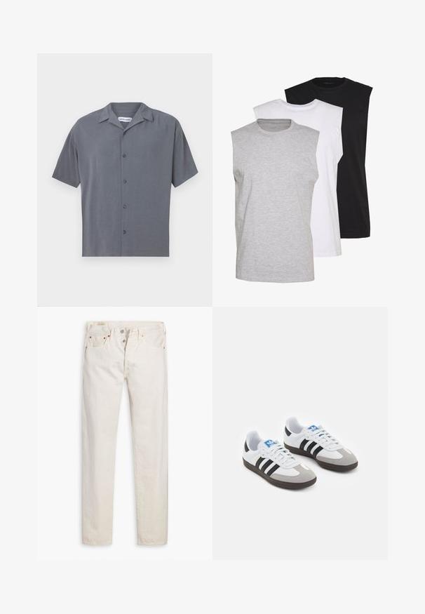 Korte mouwen, knoopshirt in donkergrauw, gemaakt van gladde stof. Beschikt over een gespreide kraag en zes knopen aan de voorkant. Minimalistisch ontwerp.; Drie mouwloze T-shirts in grijs, wit en zwart. Zacht katoenmateriaal met een ronde hals en een relaxte pasvorm. Eenvoudig ontwerp, geen patronen.; Oudwitte high-rise slim-fit jeans met knoopsluiting, vijf zakken en koperen klinknagels, plat gelegd op een witte achtergrond.; Sportschoenen met een witte leren bovenkant, grijze suède neus en drie zwarte strepen. Bevat een blauw logo op de tong en een gestructureerde rubberen zool.