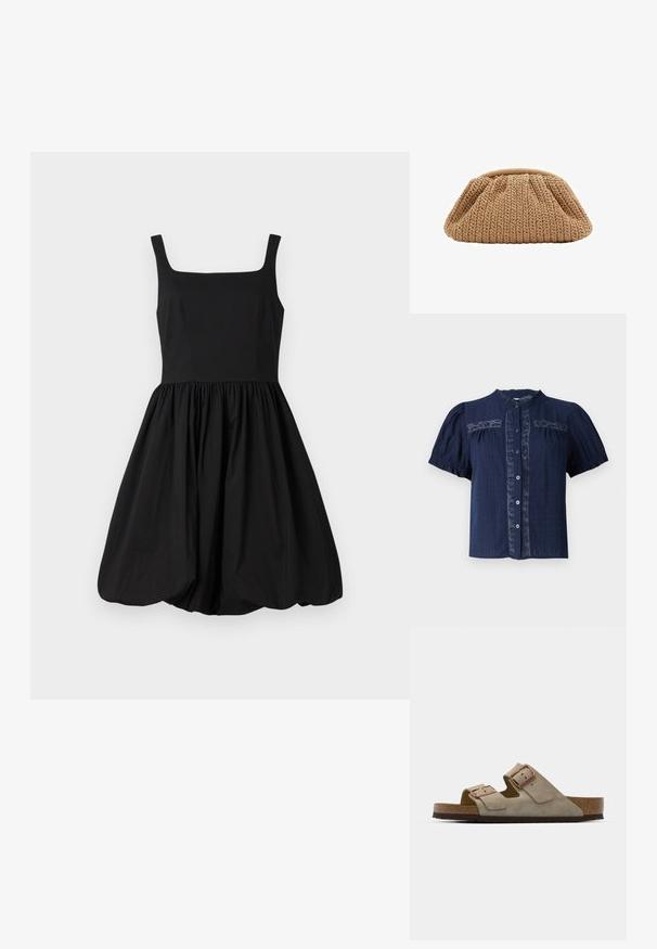 Dunkelblaue Kurzarmbluse aus strukturiertem Stoff mit Spitzenverzierungen und einer Knopfleiste vorne sowie einem runden Kragen.; Schwarzes ärmelloses Kleid mit quadratischem Ausschnitt, tailliertem Oberteil und gerafftem, ausgestellt Rock, der in einem abgerundeten Saum endet. Glattes Material.; Beige Wildleder-Sandalen mit zwei verstellbaren Riemen, ausgestattet mit Kupfer-Hardware-Akzenten und einem Korkfußbett für Komfort, auf einer strukturierten Laufsohle.; Strickbeige Clutch mit gerafftem Design und runder Form, ausgestattet mit einer strukturierten Stoffoberfläche und weichem oberen Öffnung.