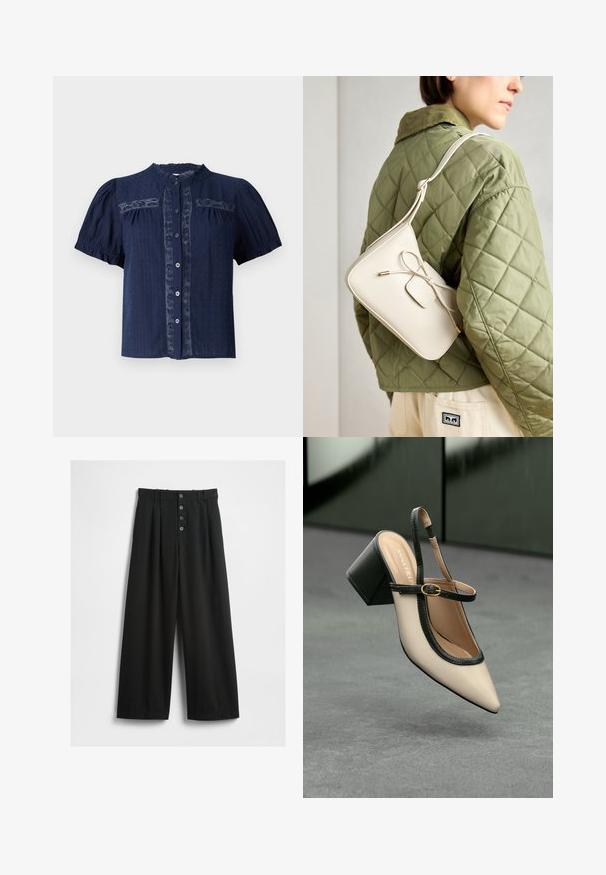 Tumši zila īsām piedurknēm blūze ar teksturētu audumu, kas rotāta ar mežģīnēm un ar pogām aizveramu priekšpusi ar apaļu apkakli.; Platas kājas melni bikses, izgatavotas no teksturēta auduma. Iezīmēts augsts viduklis, piecu pogu priekšpusē ar aizdari, un nospiesti pleci papildu detaļai.; Beige smailā purngalā siksnu kurpe ar melnu akcentu, zelta sprādzi un masīvu bloku papēdi uz pelēka grīdas ar tumši zaļu fonu.; Bēša ādas crossbody soma ar loku detaļu, zelta aparatūru un vienu regulējamu siksnu, vilkta pāri zaļai quilted jakai.