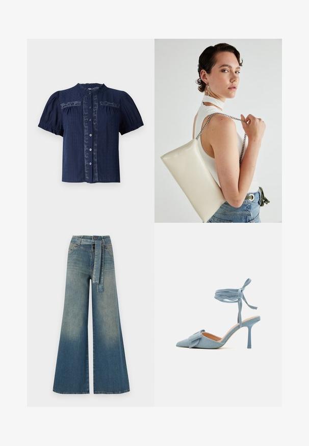 Marinblus med kort ärm i strukturerad kvalitet, med spetsdetaljer och knäppning framtill samt rund krage.; Breda denimbyxor med en ljus till mörkblå gradient, hög midja, bälteshällor och ett matchande tygbälte. Texturerad denimfinish.; Spetsig tå högklackad sko i ljusblått tyg med texturerad yta, med en rosettaccent och ankelrem för säker passform.; Vitt rektangulärt clutch-väsk i glänsande material, med en kedjesnor i silver. Modellen poserar och visar upp väskan mot en neutral bakgrund.