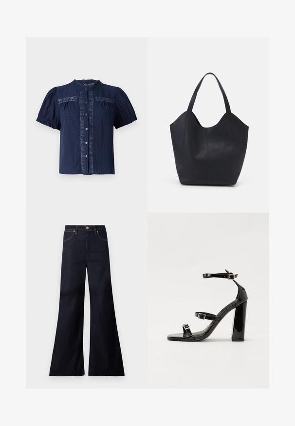 Navy blue short-sleeve blouse with a textured fabric, featuring lace detailing and a button-down front with a round collar.; Dark blue wide-leg jeans made of denim. Features include a front button closure, copper hardware, and contrast stitching along the seams.; Black patent heeled sandals with a square toe, ankle straps, and silver buckles. Features a chunky block heel for stability.; Black tote bag made of smooth leather, featuring a curved, open top with two shoulder straps and a minimalist design.