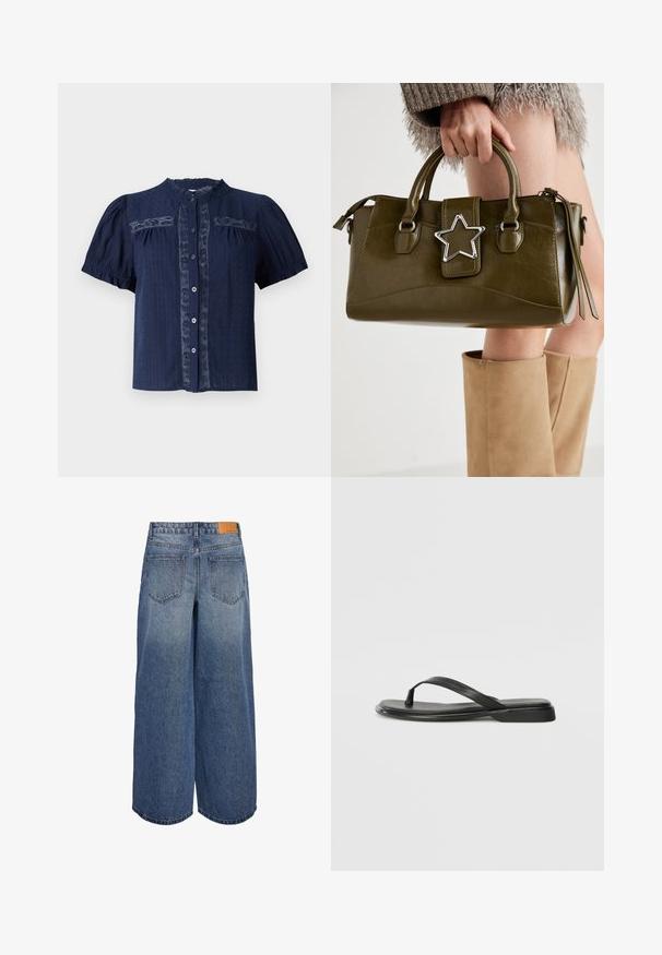 Navy blue short-sleeve blouse with a textured fabric, featuring lace detailing and a button-down front with a round collar.; Wide-leg denim culottes in medium blue wash with a faded texture, featuring two back pockets and a brown leather brand tag on the waistband.; Black flip-flop made of smooth leather, featuring a thin strap design and a flat sole with a minimal profile. No notable patterns or accents.; Olive green faux leather handbag with silver star accent, dual handles, and a zip closure. Textured surface and structured shape.