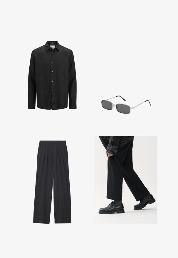 Czarna, długosleeve'owa koszula z lnu, z zapięciem na guziki z przodu, spiczastym kołnierzykiem i mankietami z zapięciem na guziki. Gładka tekstura.; Czarny prążkowany top bez rękawów z okrągłym dekoltem i szerokimi wycięciami na ramionach, wykonany z miękkiego, elastycznego materiału. Metka: Pull&Bear.; Szerokie spodnie wykonane z ciemnoszarego materiału. Posiadają pliski w talii, dopasowany krój oraz prostą sylwetkę.; Czarne skórzane buty z okrągłym noskiem, sznurowanym zapięciem i grubą, fakturowaną podeszwą. Noszone z dopasowanymi czarnymi spodniami i swetrem z prążkowanej tkaniny.; Okularów przeciwsłonecznych w kształcie prostokąta z ciemnoszarymi soczewkami, cienką srebrną metalową ramą oraz czarnymi gumowymi końcówkami na zausznikach. Minimalistyczny design.; Czarny skórzany zegarek na pasku z okrągłą srebrną kopertą, szarym cyferblatem, białymi cyframi rzymskimi i wyświetlaczem daty na środę.; Srebrny naszyjnik z prostokątnym wisiorkiem o misternym wzorze, delikatnym łańcuszkiem oraz regulowanym zapięciem do dostosowywania długości.