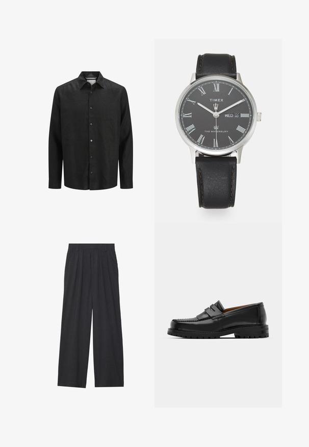 Zwarte lange mouwen shirt van linnen, met een knoopsluiting aan de voorkant, een puntige kraag en manchetten met knoopsluitingen. Gladde textuur.; Zwarte geribbelde tanktop met een ronde halslijn en wijde armsgaten, gemaakt van een zachte, rekbare stof. Label: Pull&Bear.; Wijd-uitlopende broeken van donkergrijze stof. Kenmerken zijn plooien bij de taille, een tailor-made ontwerp en een rechte silhouet.; Zwarte leren instappers hebben een verhoogde naad, twee decoratieve banden op de bovenkant en een dikke, gestructureerde zool voor extra grip.; Zwart leren armband horloge met een ronde zilverkleurige kast, grijze wijzerplaat, witte Romeinse cijfers en een datumweergave voor woensdag.; Zilveren ketting met een rechthoekige hanger met ingewikkeld ontwerp, een fijne ketting en een verstelbare sluiting voor lengteaanpassing.