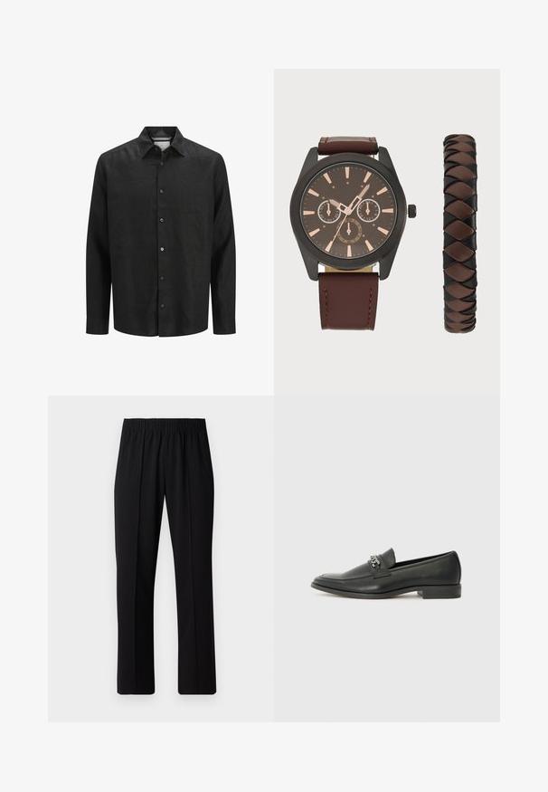 Mustassa pitkähihaisessa paidassa on pellavasta valmistettu nappikiinnitys, terävä kaulus ja napilla suljettavat hihat. Hieno ja sileä rakenne.; Mustat, joustavat vyötäröhousut suoralla lahkeella, joissa on sileä pinta ilman näkyviä kuvioita tai metalliosia.; Musta nahkakengät, joissa on sileä pinta, koristeelliset ompeleet ja metalliketjun yksityiskohta kengän päällä. Littee korko.; Pier One SET - Rannekello - black/brown; Viisi hopeista rengasta: yksi mustalla pyöreällä yksityiskohdalla, yksi valkoisella ja mustalla geometrisella kuviolla, ja muut eri muodoilla ja viimeistelyillä.