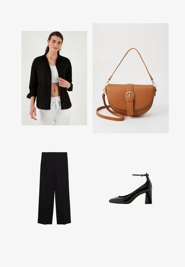Sort linned skjorte med en afslappet pasform, knaplukning foran og opsmøgede ærmer, lagd over en hvid ribbet top. Hvide bukser med snøre.; Sorte brede bukser med en glat stof, der har folder foran og sidelommer, designet med en lige, afslappet pasform.; Sorte patentlæder ankelstroppumpe med en blank finish, spidse tå og en tykk blokhæl. Glat tekstur, minimal udsmykning.; Brun læder crossbody taske med en buet form, guldfarvet hardware og en spændeaccent. Har en aftagelig skulderrem.