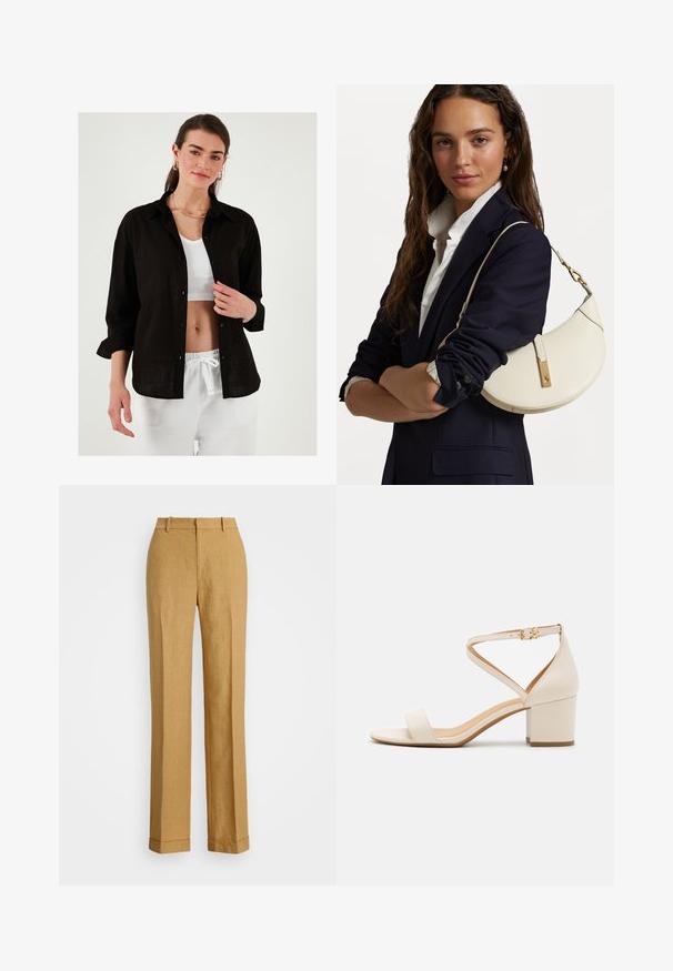 Black linen shirt with a relaxed fit, button-down front, and rolled-up sleeves, layered over a white ribbed top. White drawstring pants.; Polo Ralph Lauren YARD LINEN FULL FLAT FRONT - Trousers - sand dune; Beige block-heeled sandals featuring a minimalist design, open toe, and adjustable ankle strap with a gold buckle detail. Smooth texture.; White leather handbag with a curved shape, gold hardware, and a textured finish, worn over a dark blazer and white shirt.