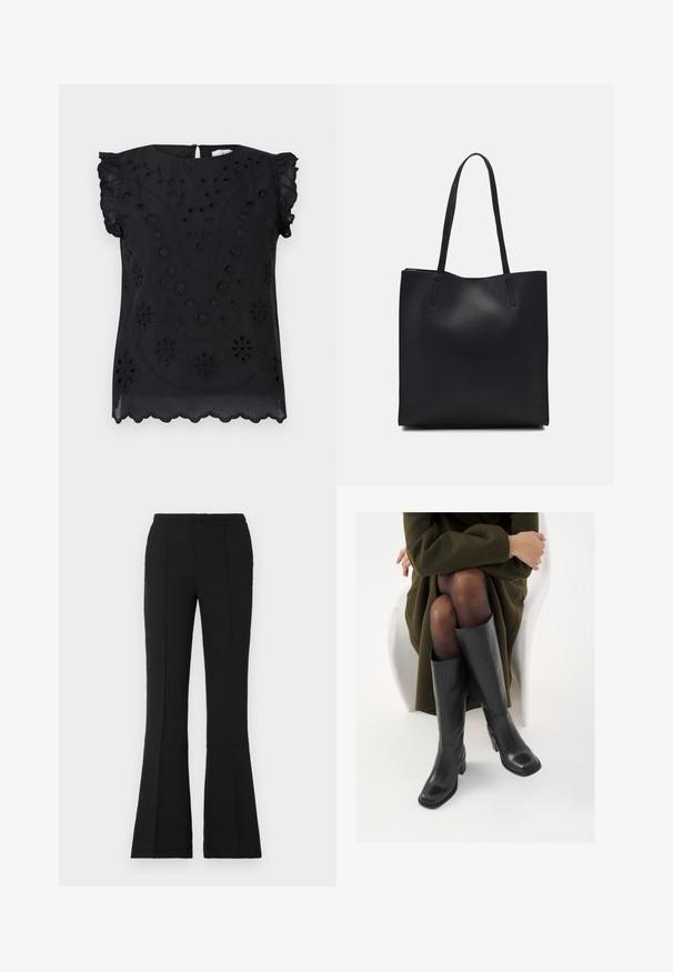 Čierne krátke rukávy top s kvetinovou výšivkou a očkovými detailmi, s okrúhlym výstrihom a vlnitým lemom.; Čierne zvonové nohavice z hladkej látky, s vypasovaným pásom, prednými švovými detailmi a miernym rozšírením začínajúcim od kolena.; Čierne kožené čižmy po kolená so štvrtým prstom a blokovým opätkom, zobrazené s modelom sediacim v olivovo zelenej bunde. Hladká textúra, minimálne detaily.; Čierna kožená taška na rameno s hladkým povrchom, obdĺžnikovým tvarom a dvoma dlhými uchami. Bez viditeľného kovania alebo ozdôb.