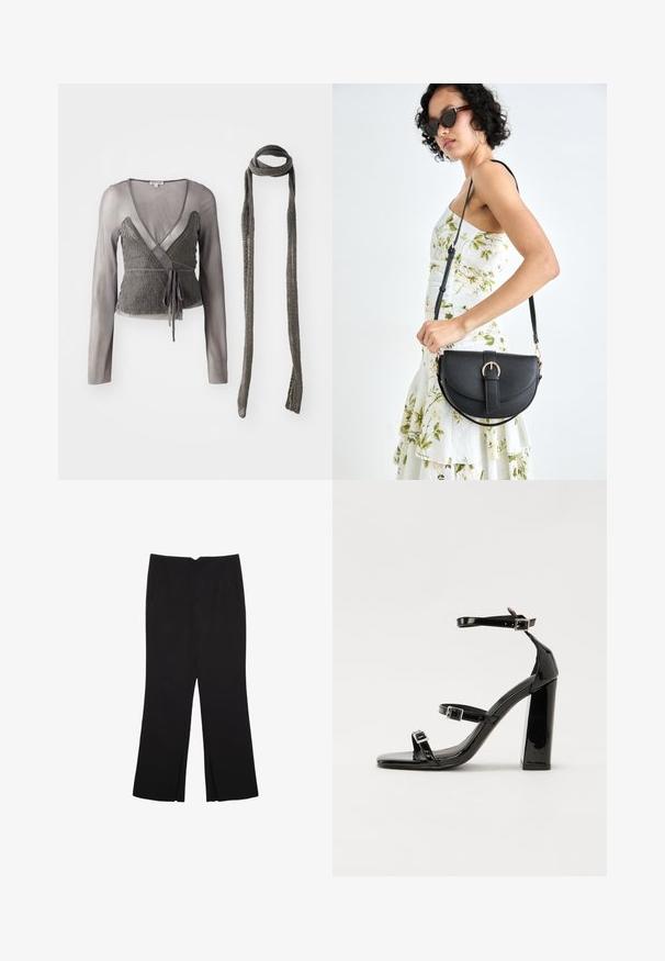 Harmaa kietaisupaita, jossa on neulottu yläosa, läpikuultava pitkähihaoverlay ja siihen sopiva neulottu huivi. Vyötäröllä solmittava nauha mahdollistaa säädettävän istuvuuden.; Mustat housut suoralinjaisella leikkauksella, joissa on etutaskut ja sivurei'ät helman alla. Valmistettu pehmeästä ja sileästä kankaasta. Sopii eri tilaisuuksiin.; Musta kiiltäväpintainen korkokengät, joissa on kaksi solkikiinnitystä, neliönmuotoinen kärki ja paksu korko, sileällä, kiiltävällä pintarakenteella.; Musta nahkainen käsilaukku, joka on kaareva muotoilultaan, irrotettavalla hihnalla ja kultaisilla yksityiskohdilla. Laukussa on läppä, jossa on solk yksityiskohta.