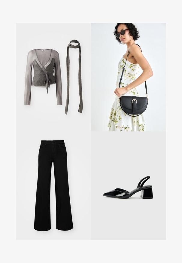 Pelēka apvalka blūze ar adītu apakšdaļu, kas pārklāta ar caurspīdīgu garo piedurkņu apvalku un atbilstošu adītu šalli. Sasienama jostasvietā, lai pielāgotu fit.; Melni plaša kāju bikses, izgatavotas no džinsa, ar strukturētu jostu, jostu cilpiņām un priekšējām kabatām. Gluda tekstūra ar klasisku dizainu.; Melna lakota āda ar atvērto papēdi, ar smailu purngalu un ģeometrisku blokpapēdi. Iezīmējas elegants, minimāls dizains un gluda tekstūra.; Melnas ādas rokassoma ar izliekta formu, noņemamu siksnu un zelta aksesuāriem. Somai ir vāciņš ar sprādzes detaļu.