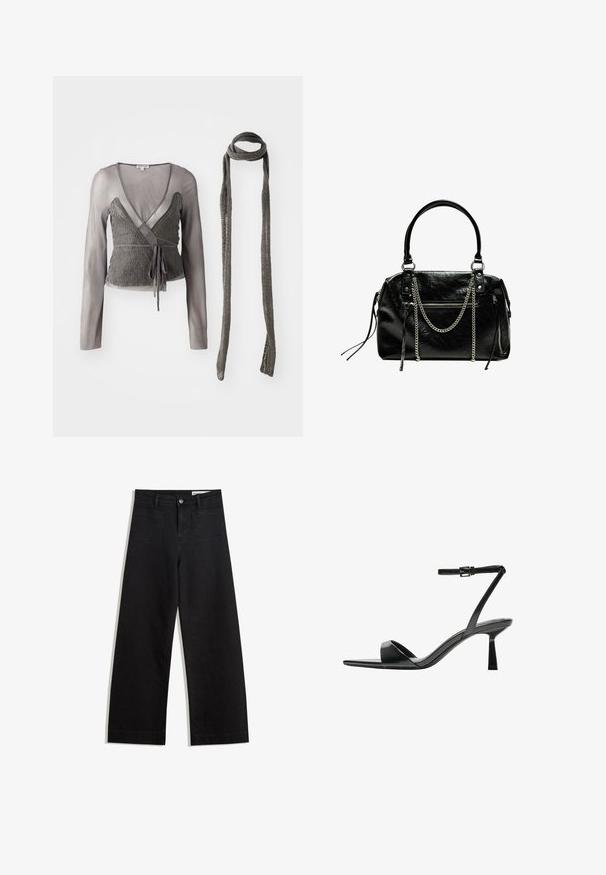 Top gri cu un model înfășurat, prezentând un corp tricotat cu un overlay din material transparent cu mâneci lungi și o eșarfă tricotată asortată. Se leagă la talie pentru o ajustare confortabilă.; Pantaloni din denim negri cu picioare largi, cu talie înaltă, având buzunare frontale și posterioare, cusături dublate și închidere cu nasture. Textură netedă.; Bershka Sandale cu toc - black; Bershka WITH CHAIN - Geantă de mână - black