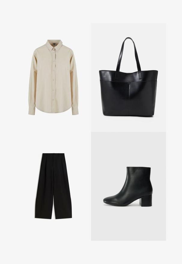 Beige Langarmhemd aus Baumwolle mit einer Knopfleiste, spitzem Kragen und einer einzelnen Brusttasche. Weicher Stoff, entspannte Passform.; Schwarze weite Hosen aus glattem Stoff, mit hoher Taille, Falten an der Vorderseite und ohne sichtbare Verzierungen oder Muster.; Schwarze Leder-Ankle-Boots mit spitzem Zehenbereich und klobigem Absatz. Glatte Textur mit minimalen Akzenten und einem eleganten, taillierten Design.; Schwarze Leder-Shopper-Tasche mit zwei langen Griffen, einer glatten Textur und einer strukturierten Form. Verfügt über eine Vordertasche für zusätzlichen Stauraum.