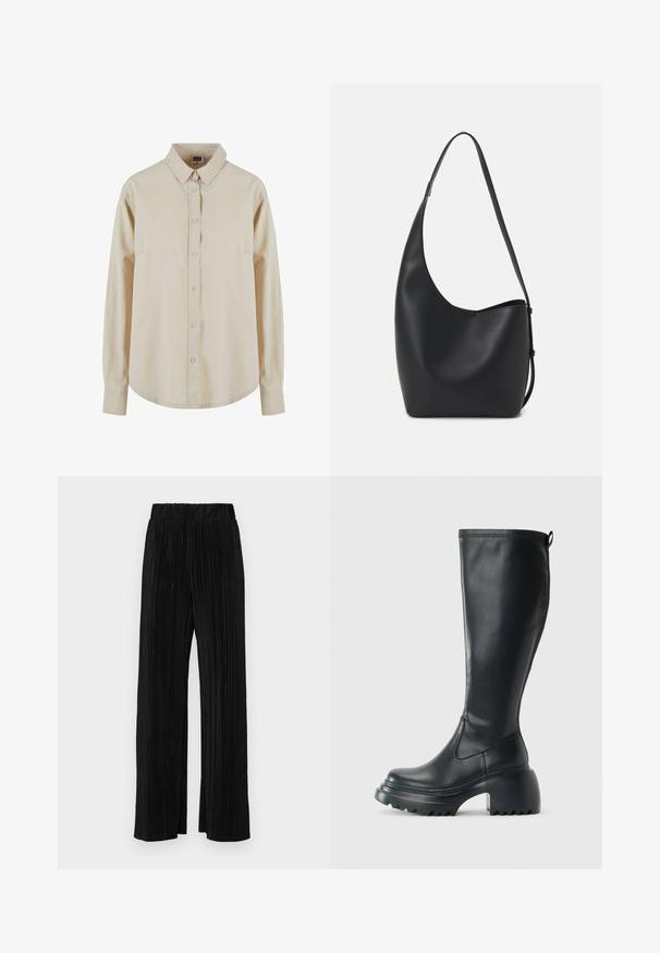 Beige overhemd met lange mouwen van katoen, met een knoopsluiting aan de voorkant, puntige kraag en één borstzak. Zachte textuur, relaxte pasvorm.; Zwarte geplooide broek met een elastische tailleband. Beschikt over wijde pijpen en een glad, gestructureerd stof met verticale strepen.; Hoge zwarte leren laars met een chunky plateauzool en blokhak, voorzien van een trekband en een gestructureerd profiel op de buitenzool.; Zwarte leren hobo tas met een gladde textuur, kromme vorm en een enkele verstelbare schouderband; heeft een brede opening aan de bovenkant.