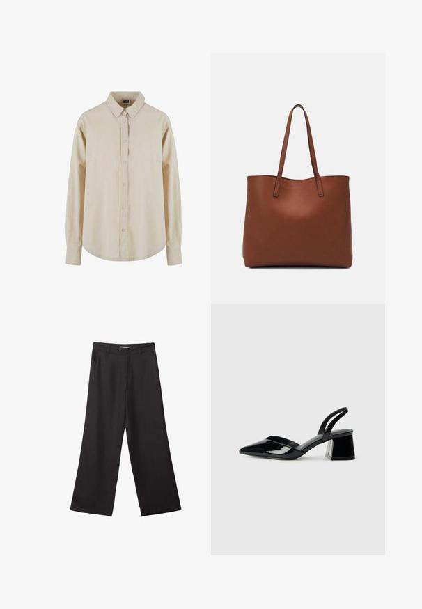 Beige pitkähihaine paita, joka on valmistettu puuvillasta. Sen etupuolella on napitus, terävä kaulus ja yksi rintatasku. Pehmeä kangas, rento malli.; Mustat leveälahkeiset housut, jotka on valmistettu sileästä kankaasta. Niissä on edessä vetoketju ja kaksi sivutaskua, ja niiden muotoilu on räätälöity ja minimalistinen.; Mustat patentoitu nahkakengät, joissa on säären takaosa ja terävä kärki, sekä geometrinen palikkakorko. Sisältää tyylikkään, minimalistisen muotoilun ja sileän pinnan.; Ruskea nahkainen olkalaukku, jossa on sileä pinta, avoin yläosa ja kaksi olkahihnaa. Omaavat vain minimaalisen ompelun eikä näkyvää metalliosaa.