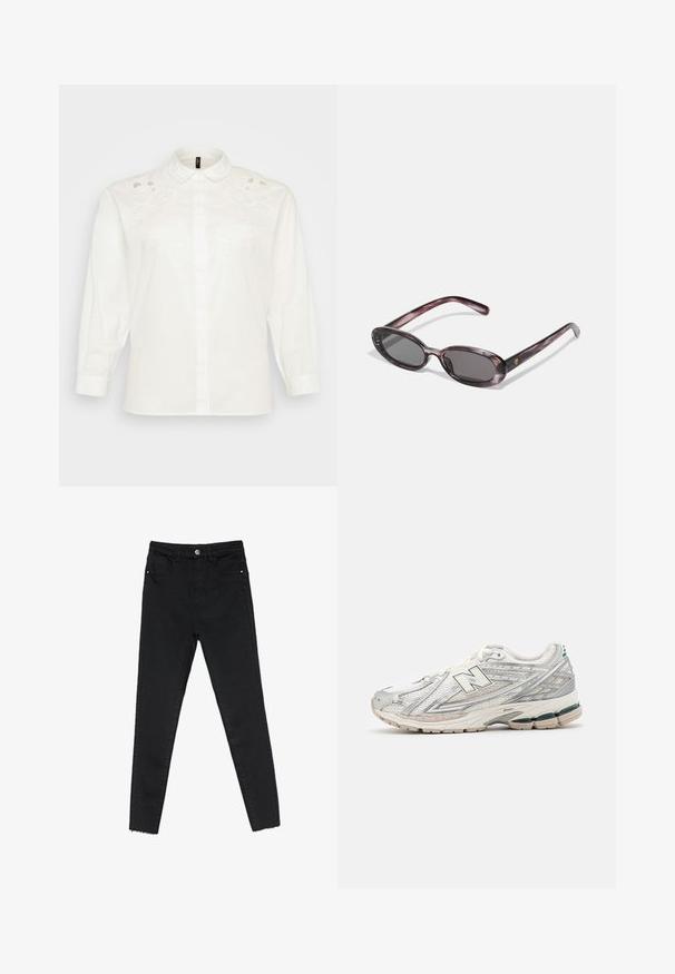 Vero Moda Curve VMCFIE biały; Czarne skinny jeans wykonane z denimu, z wysokim stanem, pięciokieszeniowym wzorem i surowym wykończeniem na kostkach. Klasyczne zapięcie na guzik i zamek błyskawiczny.; Buty biegowe mają srebrno-białą siateczkową cholewkę z zielonym akcentem. Podeszwa jest masywna i teksturowana, zaprojektowana z myślą o amortyzacji i wsparciu.; Owalne okulary przeciwsłoneczne z marmurkowym fioletowym ramkiem, ciemnymi soczewkami i smukłymi zausznikami z małym złotym akcentem loga.; Srebrne kolczyki w kształcie kółek z zawieszką w kształcie gwiazdy z centralnym cyrkoniowym kamieniem; zawiera drugą parę prostych srebrnych kółek.