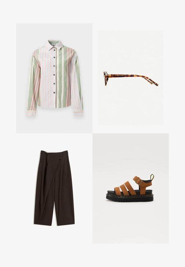 Striped button-up shirt in green, white, and pink. Features a collar, long sleeves, and a curved hem with contrasting cuffs and buttons.; Dark brown wide-leg trousers with a high waist, featuring a single button closure and a pleated front. Made from lightweight fabric.; Brown leather sandals with three wide straps, black sole, and yellow stitching detail, featuring a buckle and a pull tab at the heel.; Tortoiseshell sunglasses with a thick frame, slightly curved temples, and smooth texture. Features a classic design with a glossy finish.