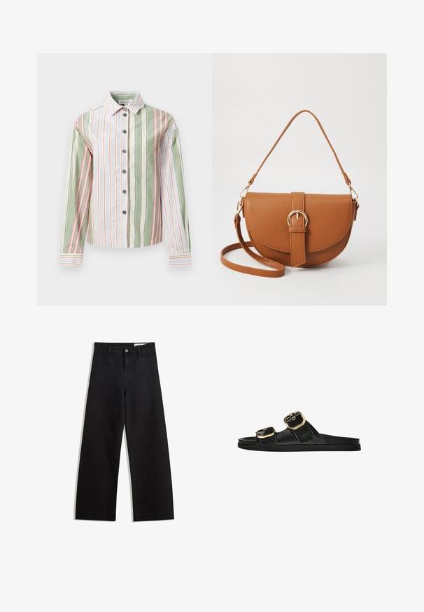 Stribet skjorte i grøn, hvid og pink. Har en krave, lange ærmer og en buet kant med kontrastfarvede cuff og knapper.; Sorte wide-leg denim bukser med høj talje, der har front- og baglommer, syede sømme og en knaplukning. Glat tekstur.; Sort skridsandal med to guldspænder, glat tekstureret materiale, flad sål og et minimalistisk design.; Brun læder crossbody taske med en buet form, guldfarvet hardware og en spændeaccent. Har en aftagelig skulderrem.