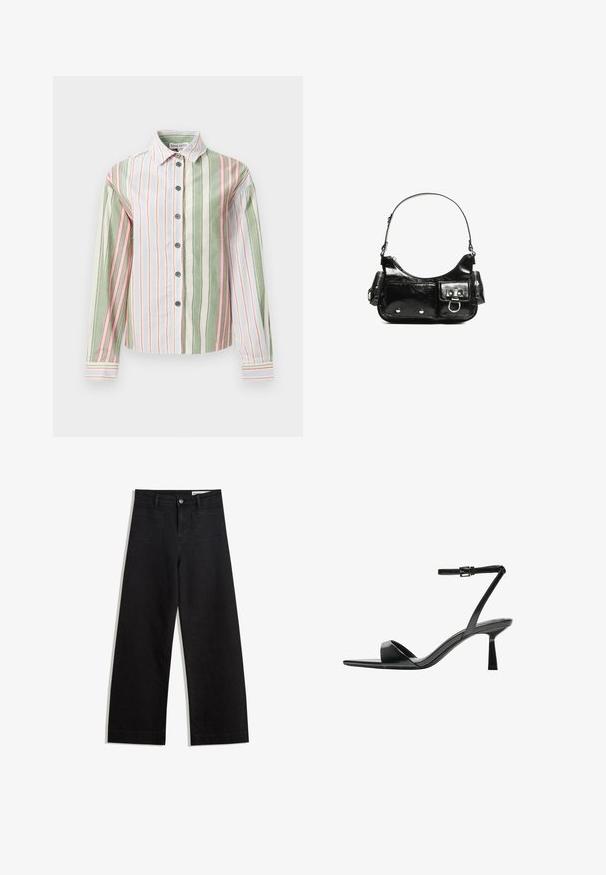Camicia a righe verde, bianca e rosa. Presenta un colletto, maniche lunghe e un orlo curvo con polsini e bottoni a contrasto.; Pantaloni in denim neri a gamba larga con vita alta, dotati di tasche anteriori e posteriori, cuciture a punto, e chiusura con bottone. Texture liscia.; Bershka Sandali con tacco - black; Borsa a spalla in vernice nera con forma curvata, una tracolla, tasche frontali e dettagli in metallo argentato.